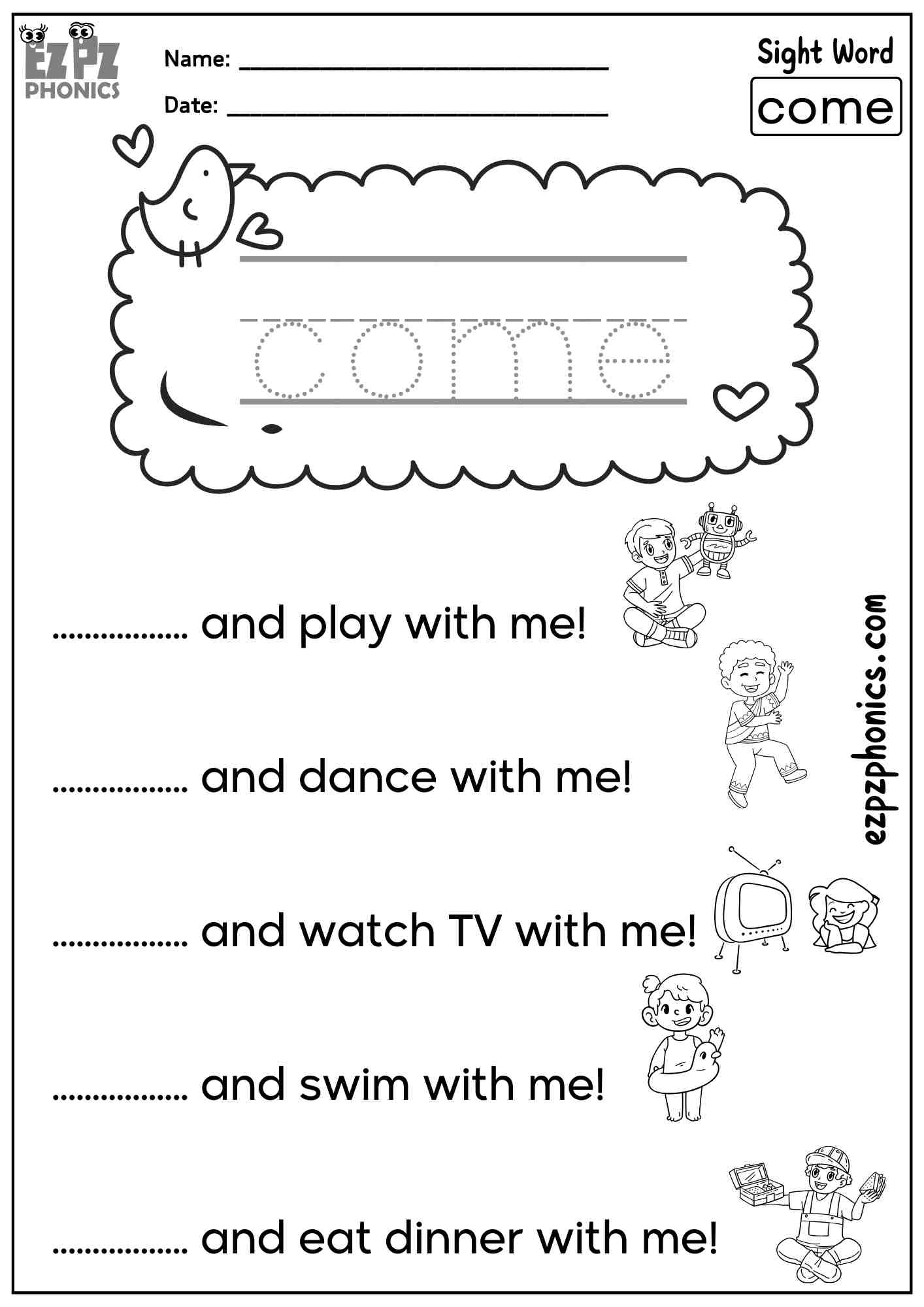 The Word “Come” - Dolch Pre-Kindergarten Sight Words Sentences Worksheet